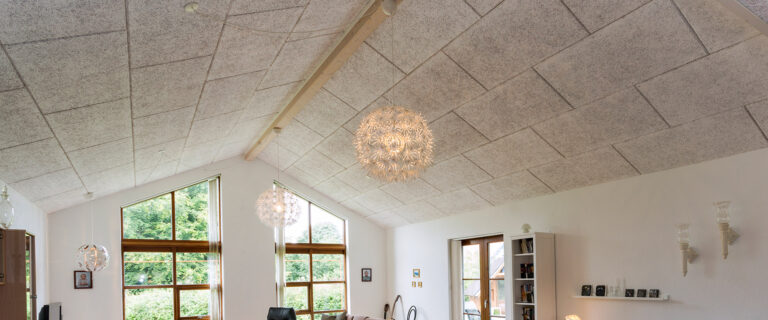 Großer ho0her Wohnraum mit offener Dachschräge, die zur Verbesserung der Akustik mit Fibrolith Holzwolleplatten bekleidet ist.